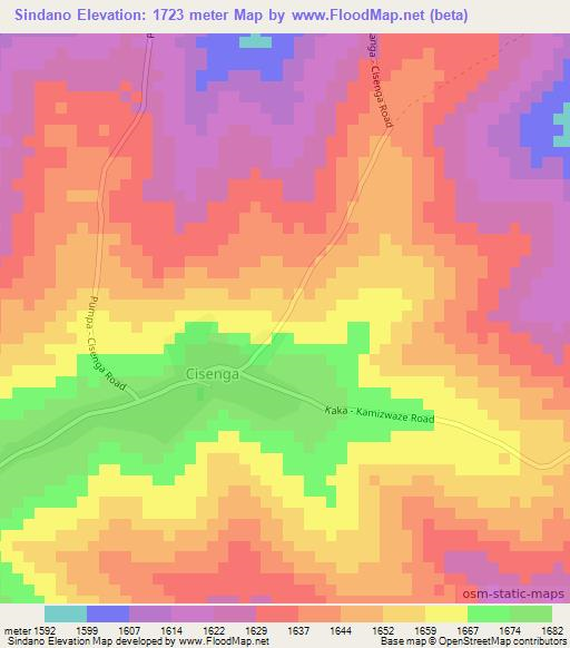 Sindano,Zambia Elevation Map