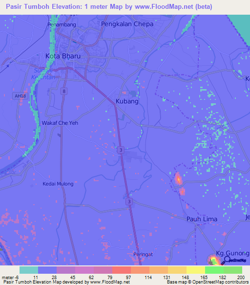 Pasir Tumboh,Malaysia Elevation Map