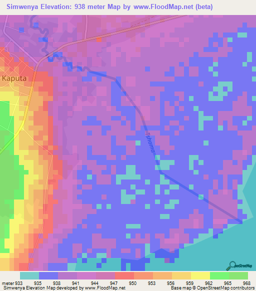 Simwenya,Zambia Elevation Map