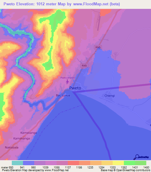 Pweto,Zambia Elevation Map