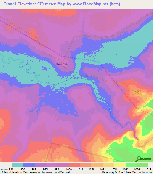 Olandi,Zambia Elevation Map