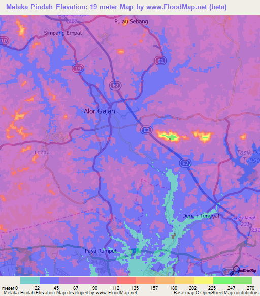 Melaka Pindah,Malaysia Elevation Map