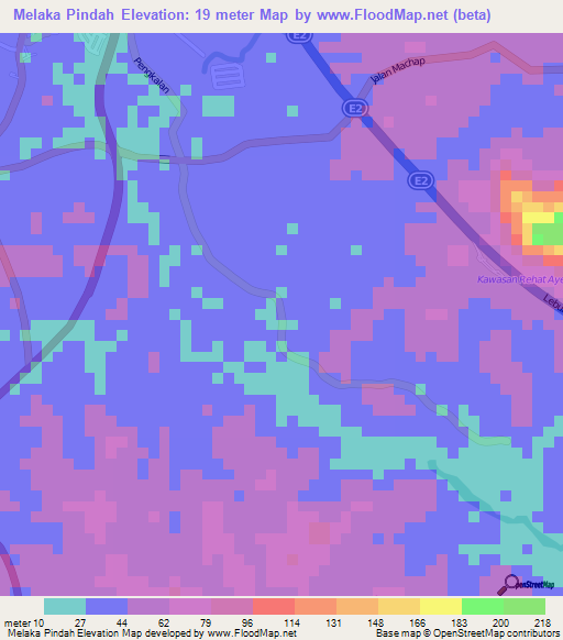 Melaka Pindah,Malaysia Elevation Map