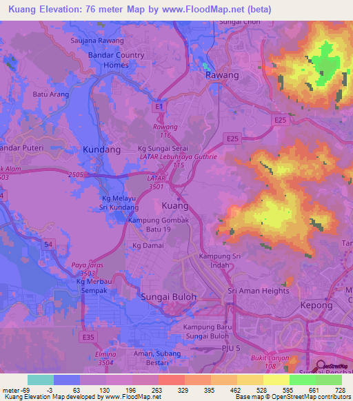 Kuang,Malaysia Elevation Map