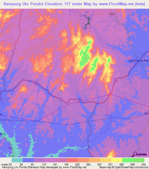 Kampung Ulu Pondoi,Malaysia Elevation Map