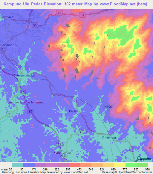Kampung Ulu Pedas,Malaysia Elevation Map