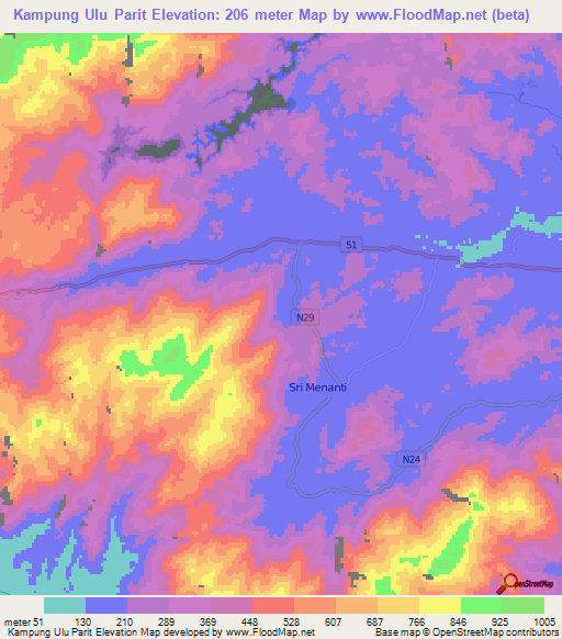Kampung Ulu Parit,Malaysia Elevation Map