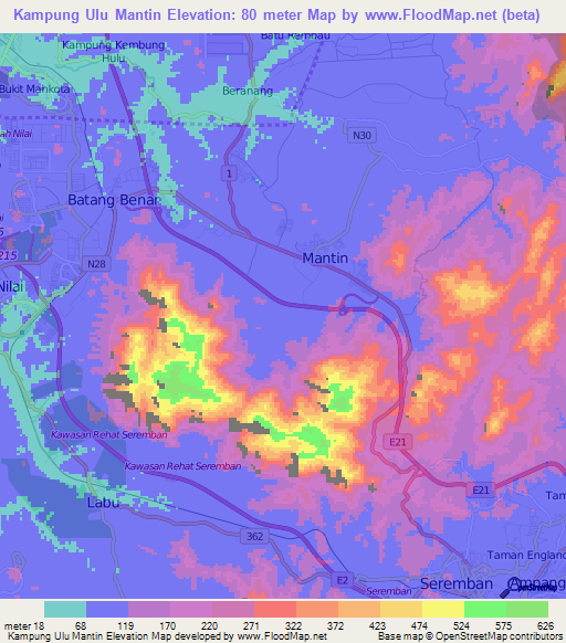 Kampung Ulu Mantin,Malaysia Elevation Map