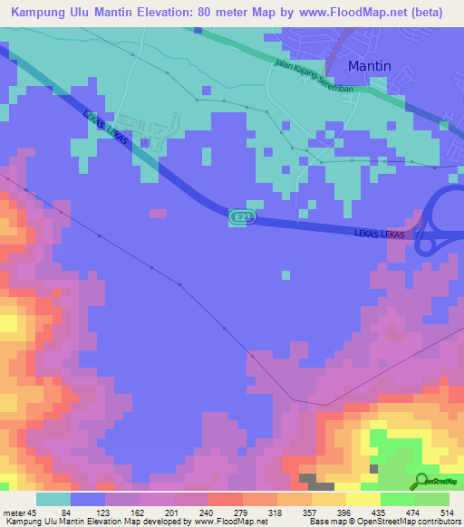 Kampung Ulu Mantin,Malaysia Elevation Map