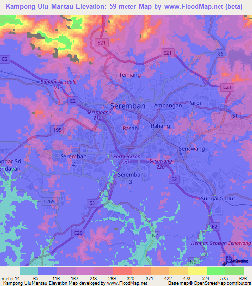 Kampong Ulu Mantau,Malaysia Elevation Map