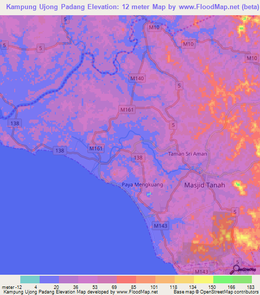 Kampung Ujong Padang,Malaysia Elevation Map