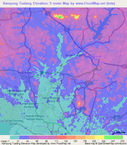 Kampung Tualang,Malaysia Elevation Map