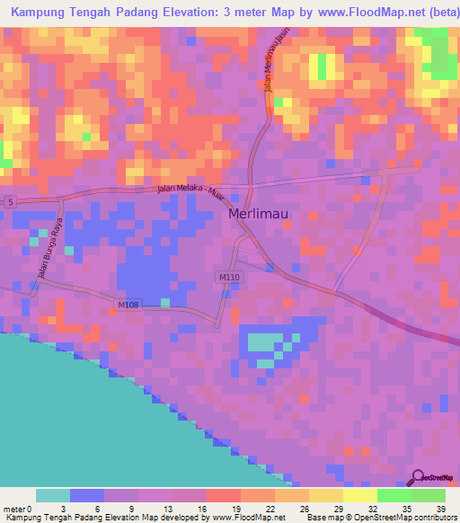 Kampung Tengah Padang,Malaysia Elevation Map