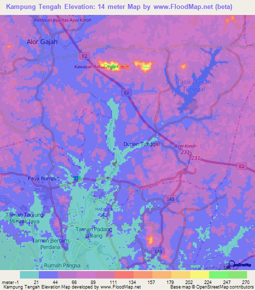 Kampung Tengah,Malaysia Elevation Map