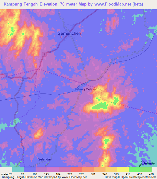 Kampung Tengah,Malaysia Elevation Map