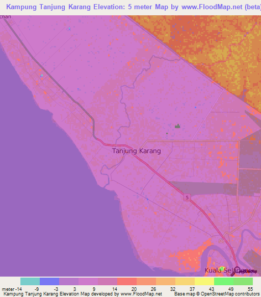 Kampung Tanjung Karang,Malaysia Elevation Map