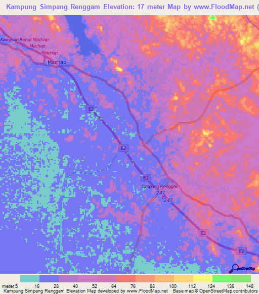Kampung Simpang Renggam,Malaysia Elevation Map