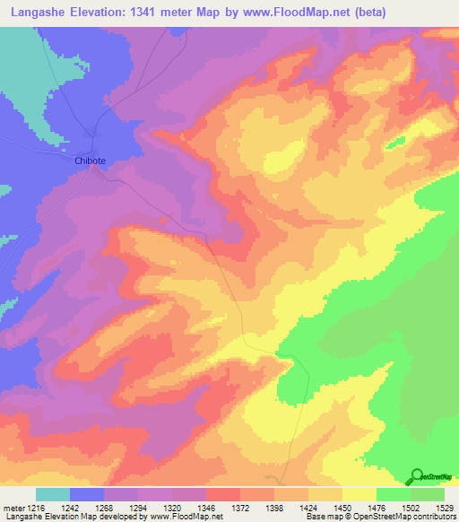 Langashe,Zambia Elevation Map