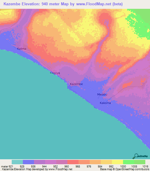 Kazembe,Zambia Elevation Map