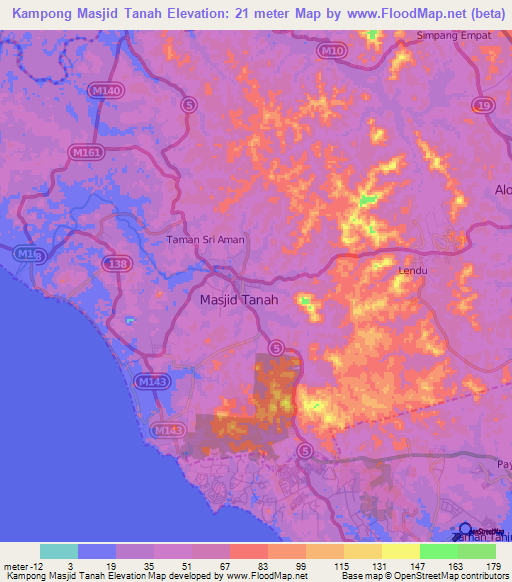 Kampong Masjid Tanah,Malaysia Elevation Map