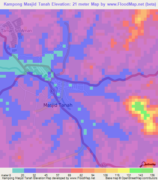 Kampong Masjid Tanah,Malaysia Elevation Map