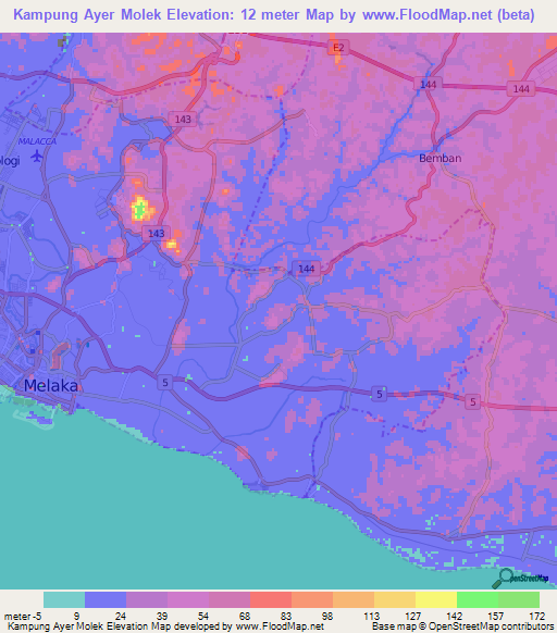 Kampung Ayer Molek,Malaysia Elevation Map