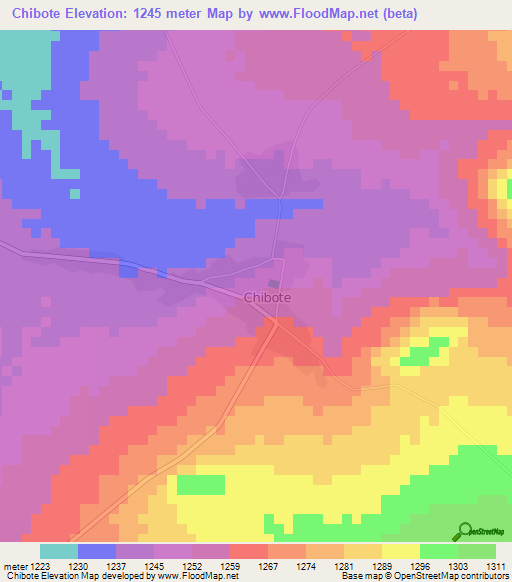 Chibote,Zambia Elevation Map