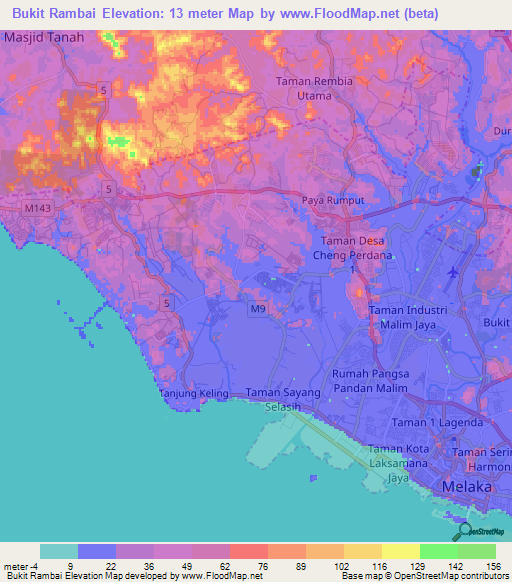 Bukit Rambai,Malaysia Elevation Map