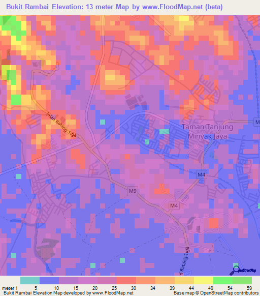 Bukit Rambai,Malaysia Elevation Map