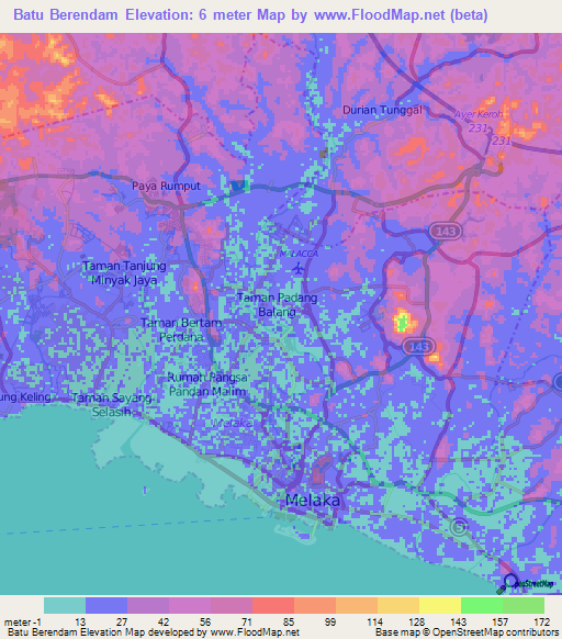 Batu Berendam,Malaysia Elevation Map