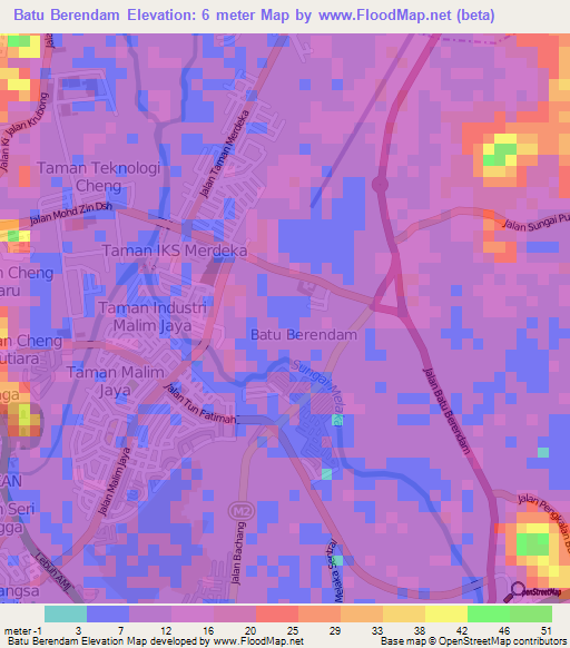 Batu Berendam,Malaysia Elevation Map