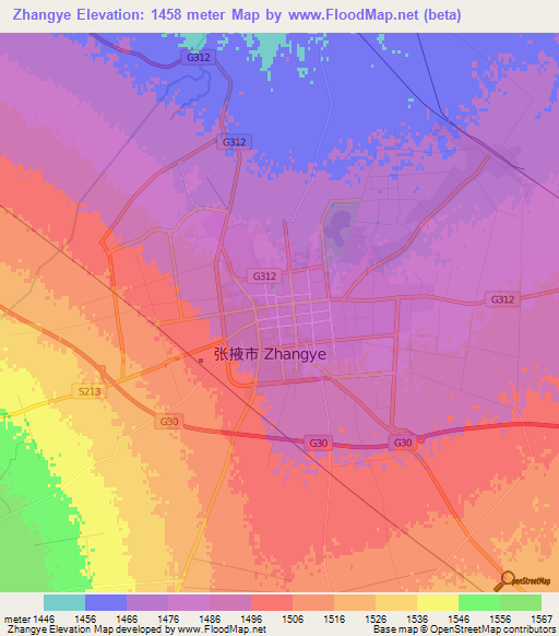 Zhangye,China Elevation Map