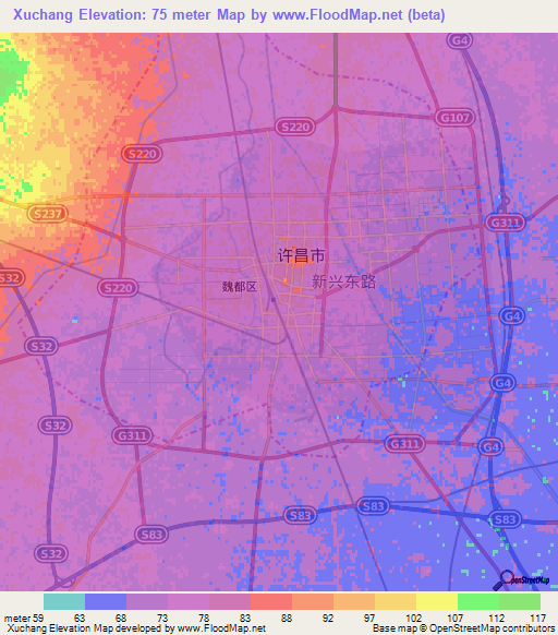 Xuchang,China Elevation Map