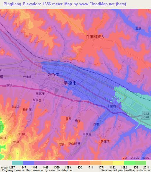 Pingliang,China Elevation Map