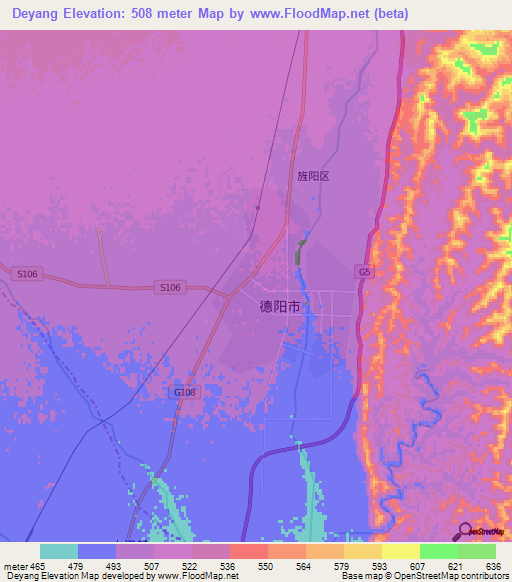 Deyang,China Elevation Map