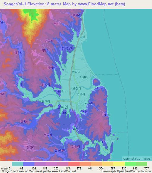 Songch'ol-li,South Korea Elevation Map