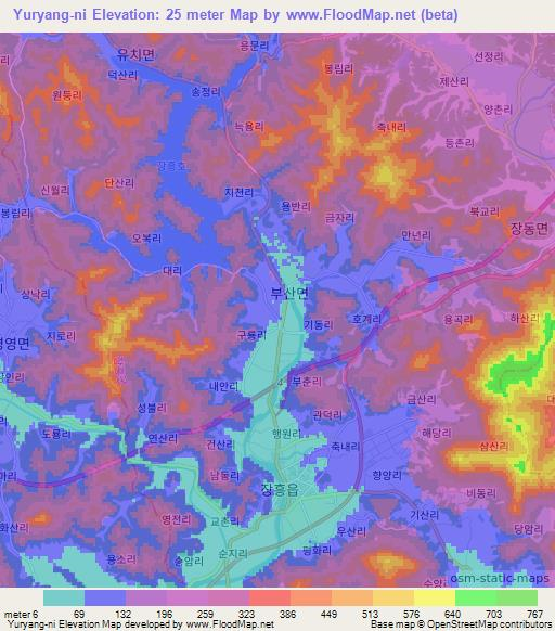 Yuryang-ni,South Korea Elevation Map