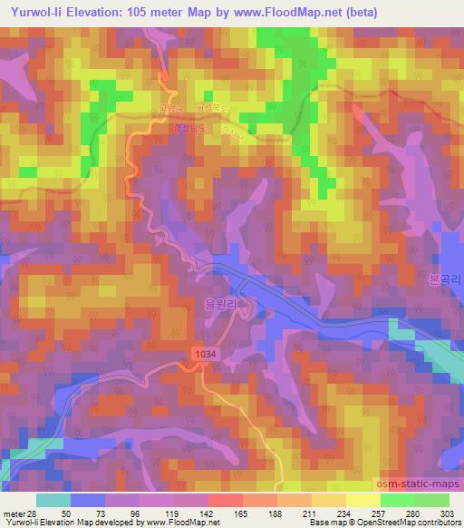 Yurwol-li,South Korea Elevation Map