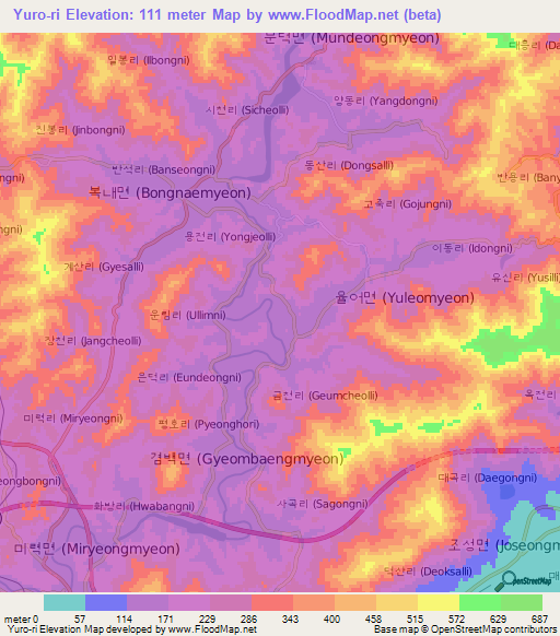 Yuro-ri,South Korea Elevation Map