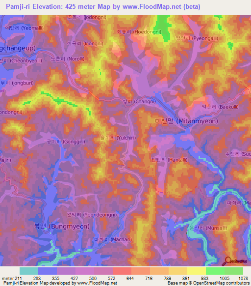 Pamji-ri,South Korea Elevation Map