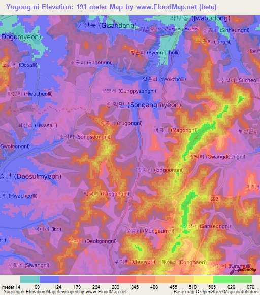 Yugong-ni,South Korea Elevation Map