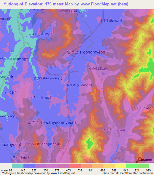 Yudong-ni,South Korea Elevation Map