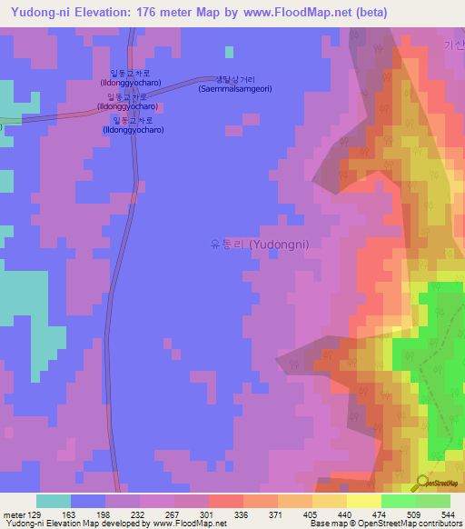 Yudong-ni,South Korea Elevation Map