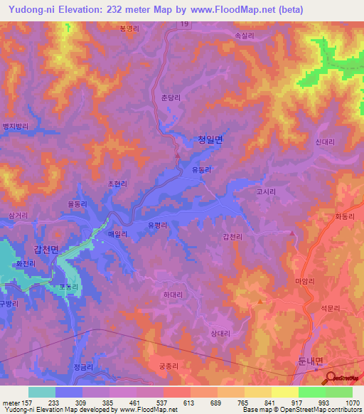 Yudong-ni,South Korea Elevation Map