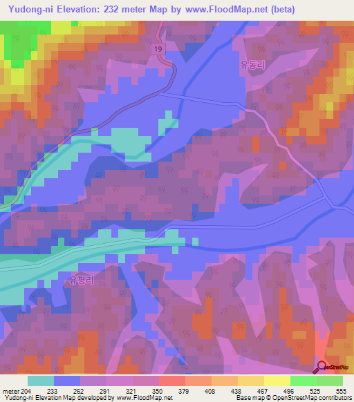 Yudong-ni,South Korea Elevation Map