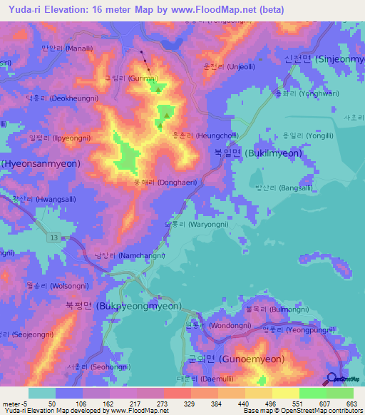 Yuda-ri,South Korea Elevation Map