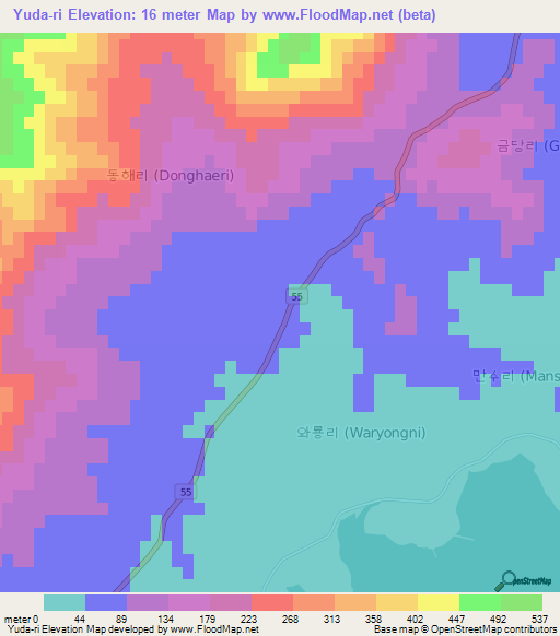 Yuda-ri,South Korea Elevation Map