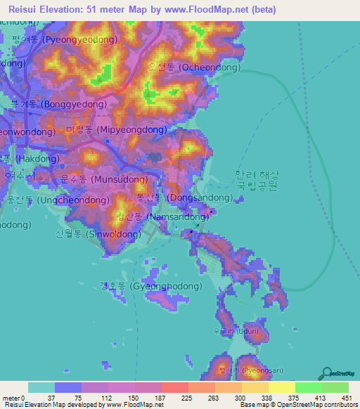 Reisui,South Korea Elevation Map