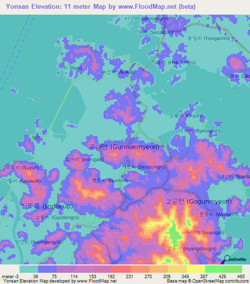 Yonsan,South Korea Elevation Map