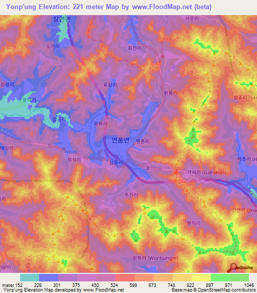 Yonp'ung,South Korea Elevation Map